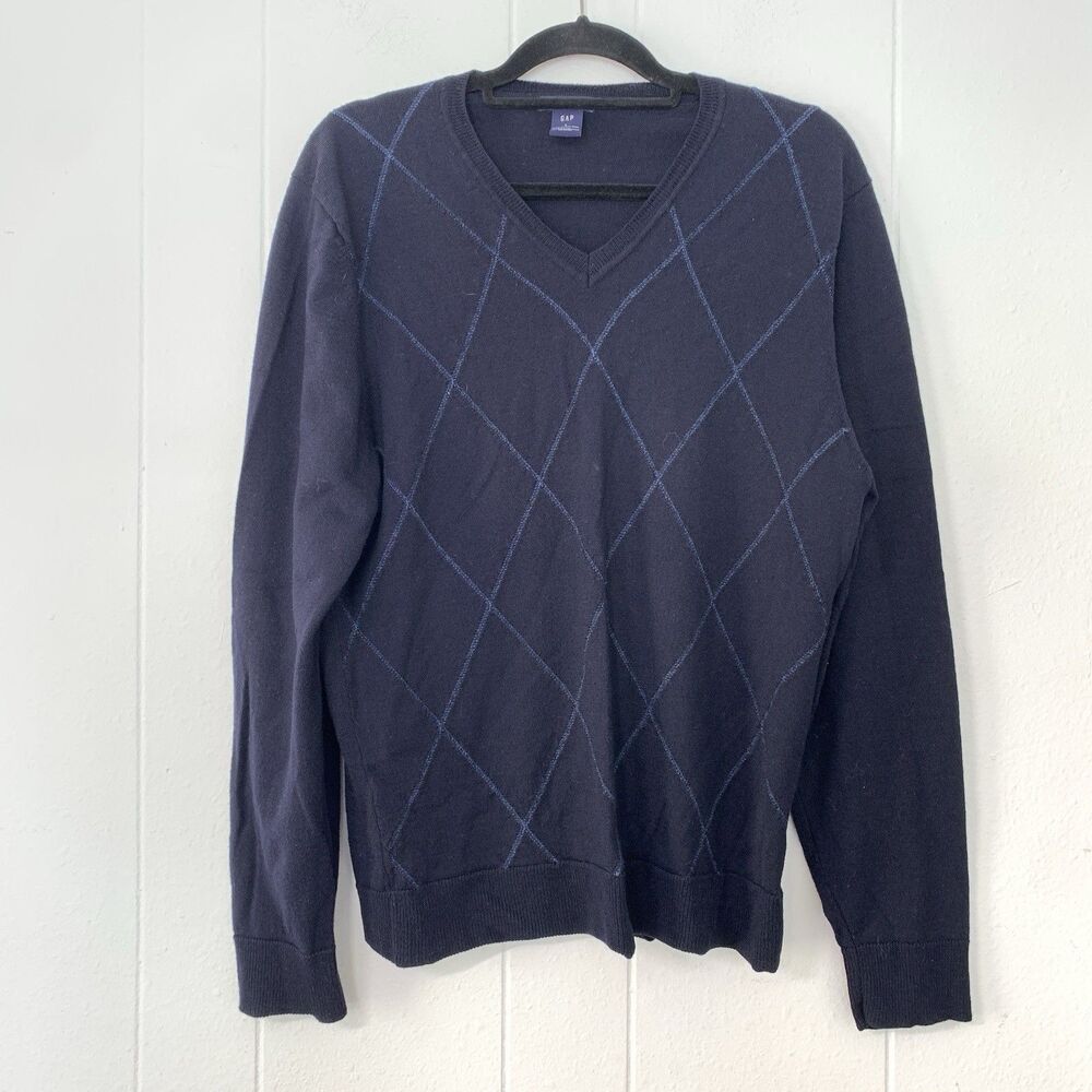 Gap Mens Large Sweater 100% Merino Wool Argyle Navy‎ Blue V Neck Old Clean Money